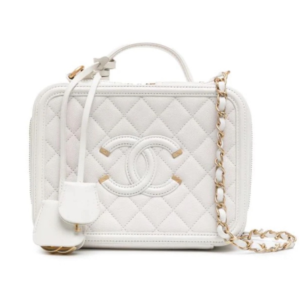 Preowned Chanel Medium Caviar Filigree Vanity Case Leather White Satchel